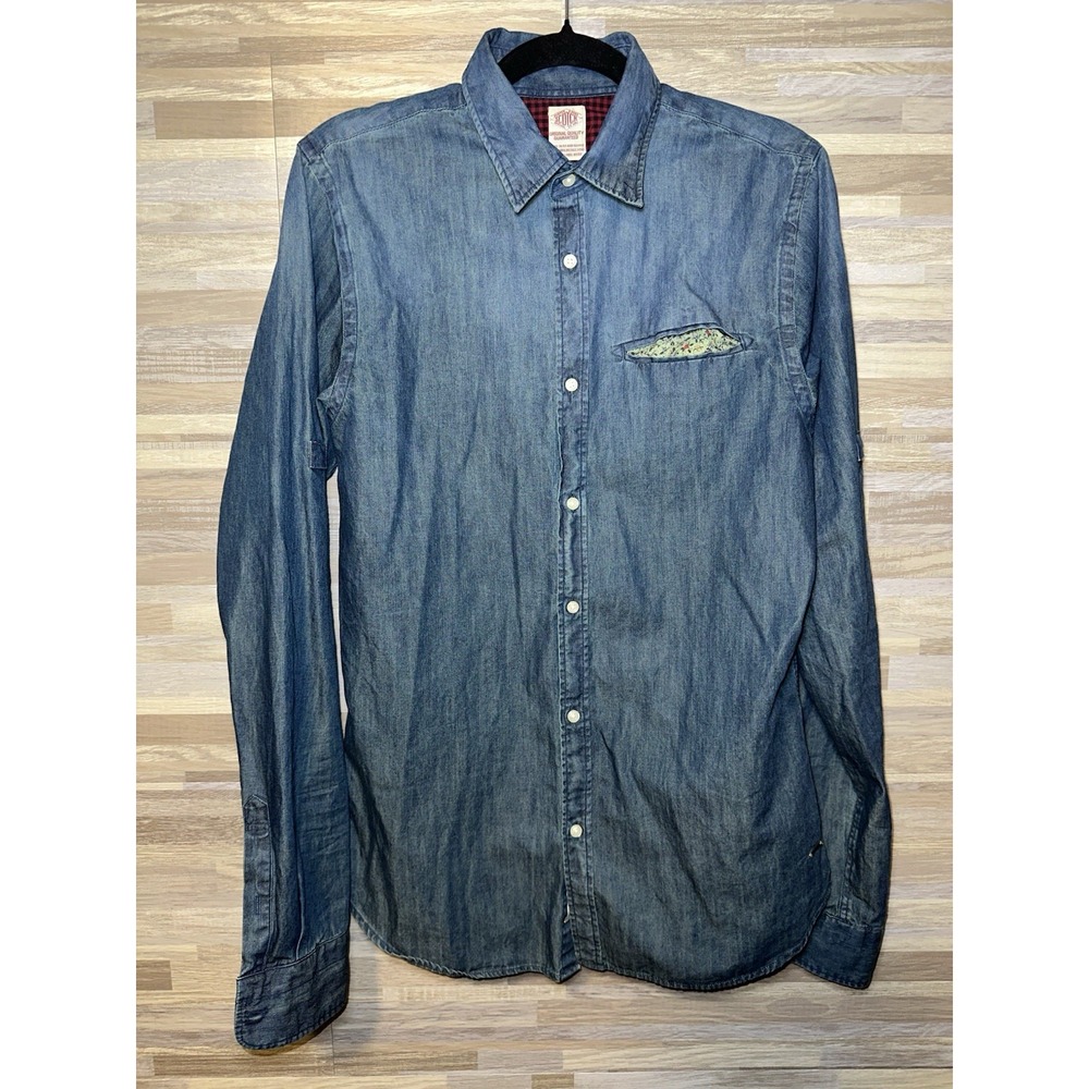SCOTCH & SODA Denim Blue Solid Shirt Casual Formal Men Size Small #L
